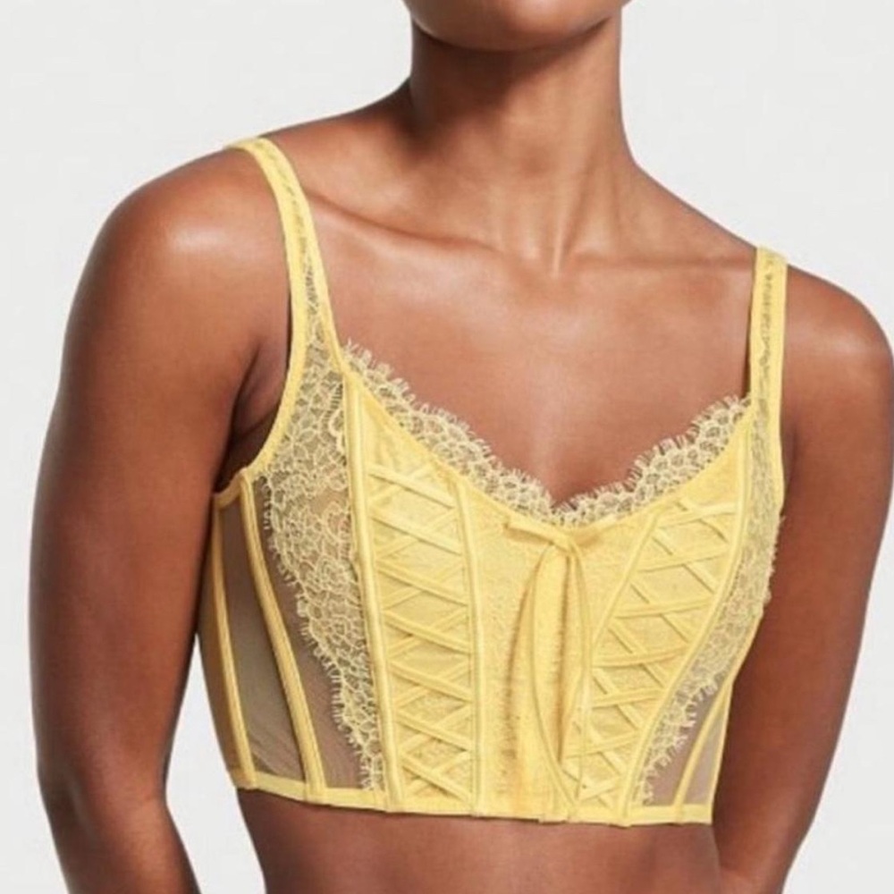 Victoria Secret Women Corset Yellow Cropped Lace‎ Sheer Adjustable Size Small